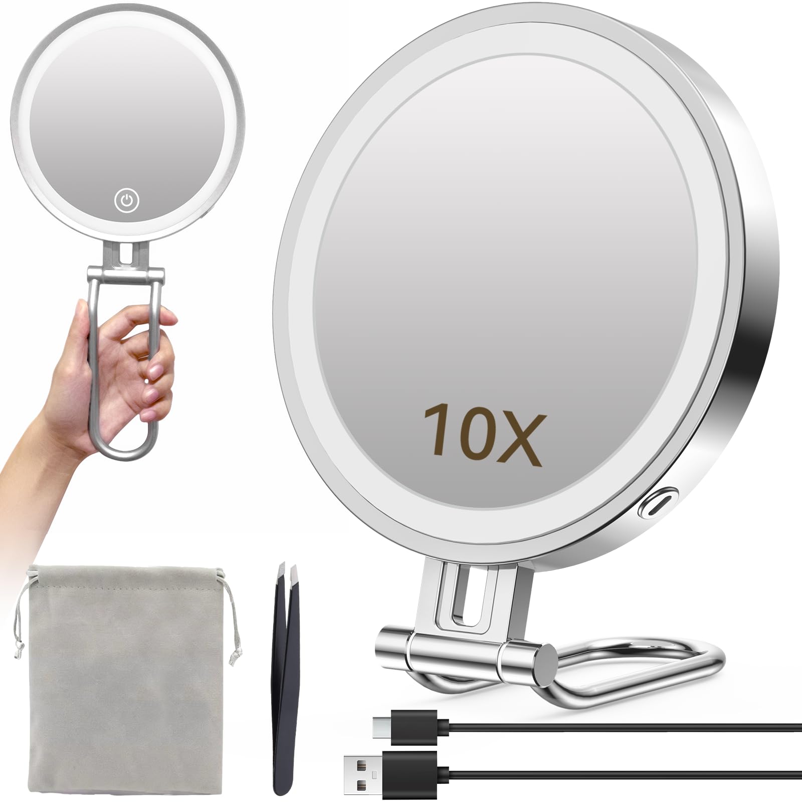 Travel Makeup Mirror with Lights3000mAh Rechargeable 1X/10X Magnifying Mirror with Light 7" Portable Lighted Beauty Mirror Make Up Mirrors with 3 Light Colors Dimmable Tabletop Handhold Hanging