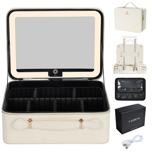Faquenc Leather Makeup Case with LED Lighted Mirror 11.4 Inch Travel Makeup Bag Adjustable Brightness in 3 Colors Cosmetic Organizer Artist Storage Bag with Dividers Brush Holder Bag Present Box White