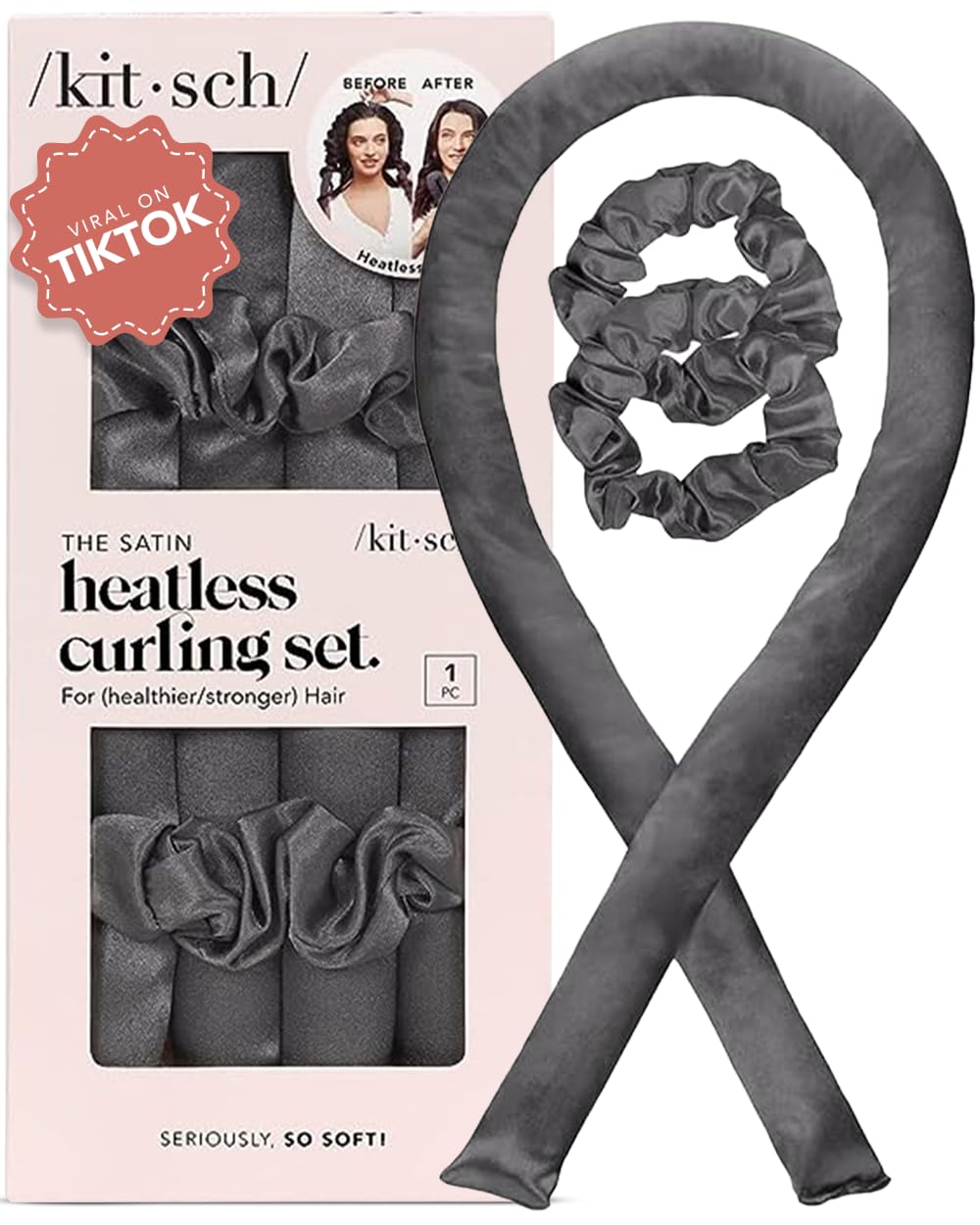 Kitsch Satin Heatless Curling Set - Heatless Hair Curler To Sleep In Heat Free Curls Overnight for Frizz-Free Soft Curls - For All Hair Types - Includes Satin Curling Rod & 2 Scrunchies - Charcoal